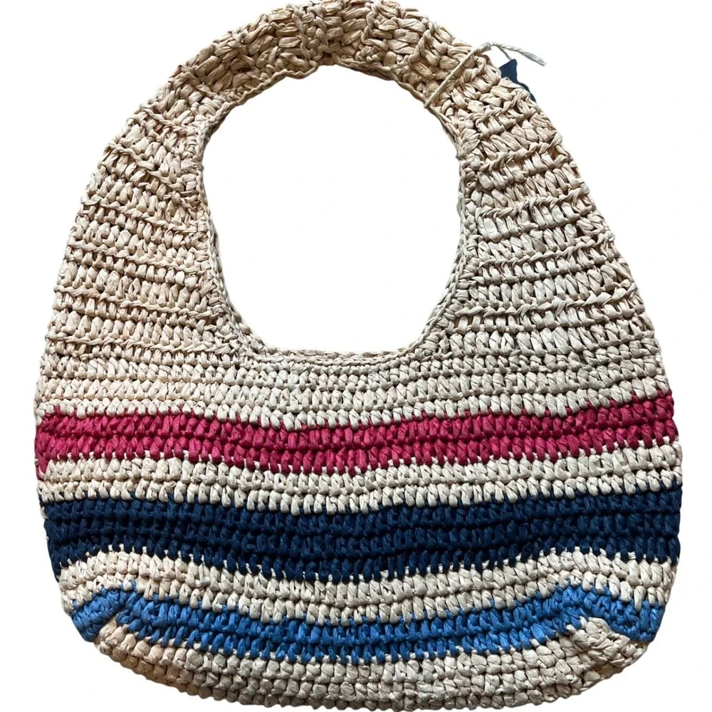 NWT‎ Universal Thread Women's Raffia Hobo Bag Tan Red Blue Stripe Shoulder Tote